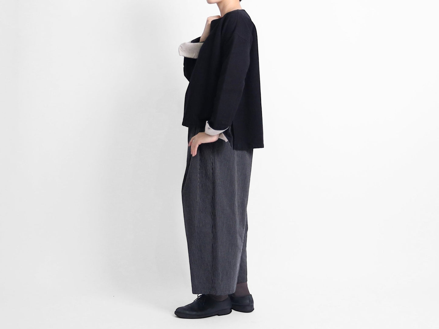 綿起毛×ストライプ タックワイドパンツ