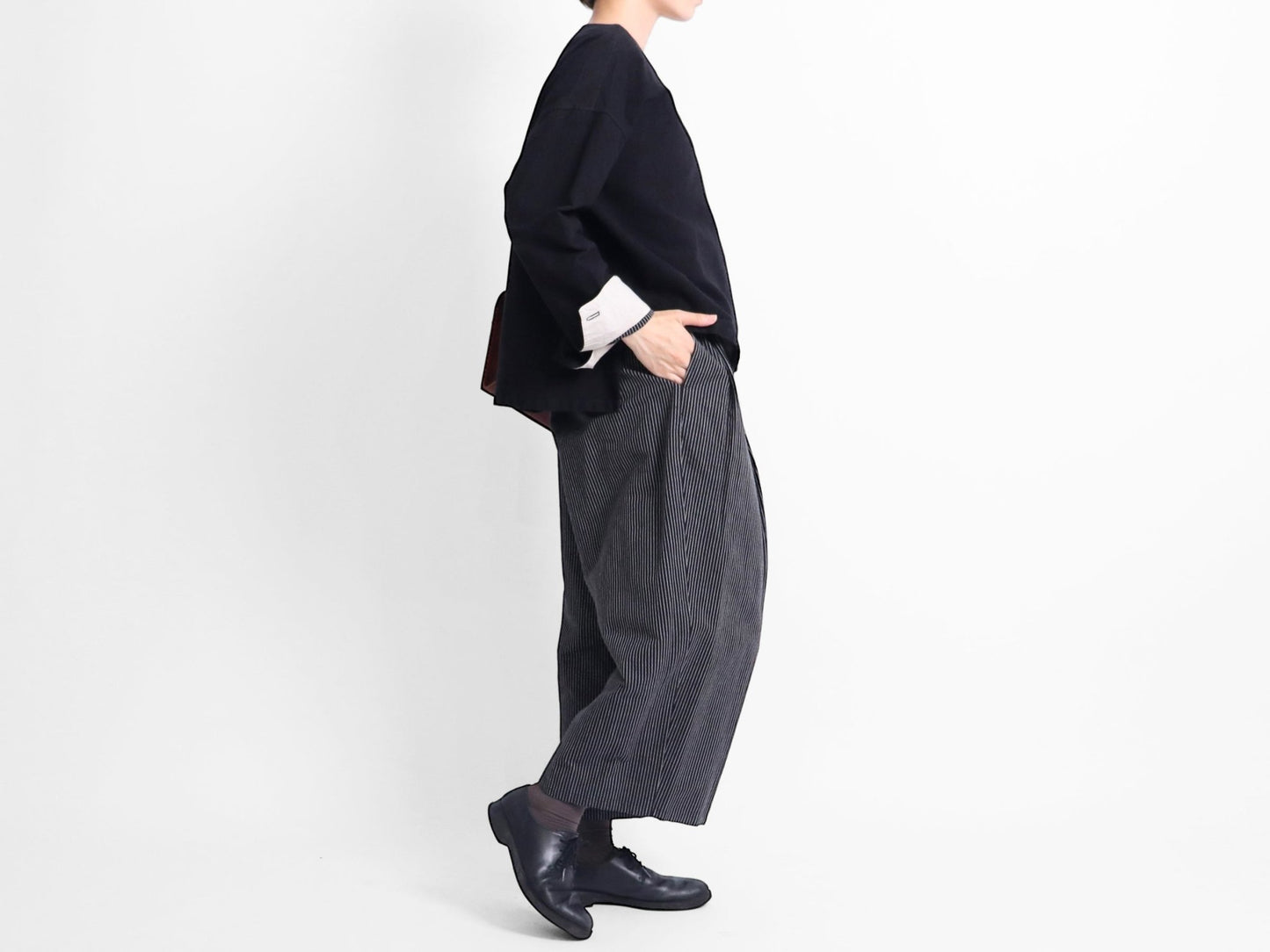 綿起毛×ストライプ タックワイドパンツ