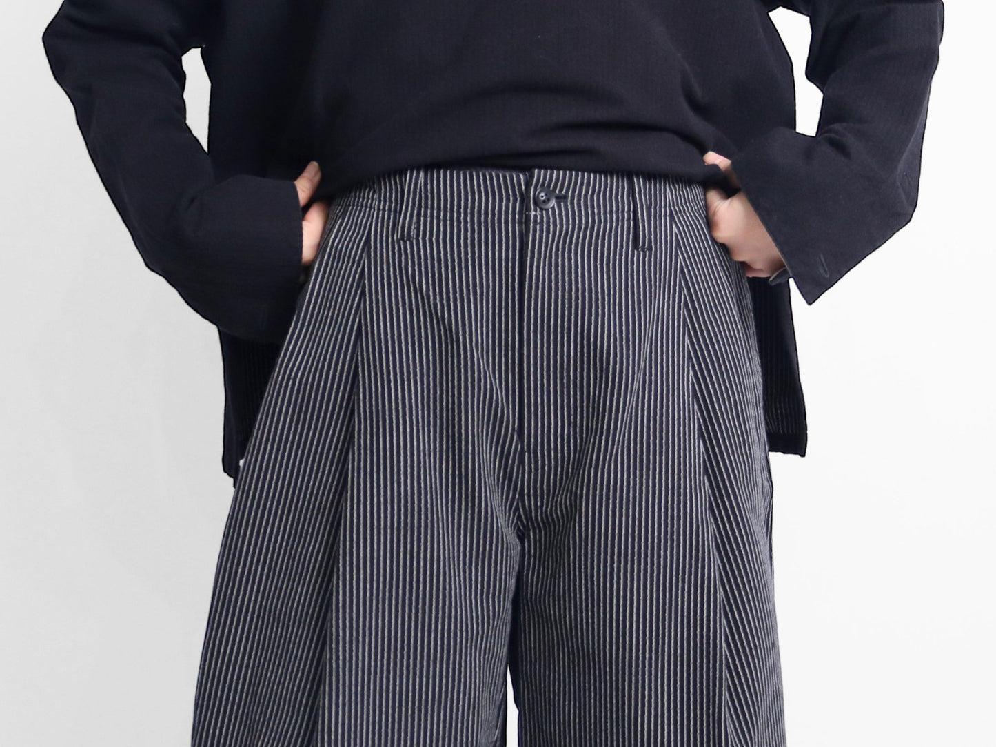 綿起毛×ストライプ タックワイドパンツ
