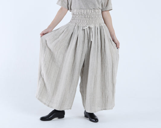 ベルギーリネン ストライプ織 シャーリングパンツ
