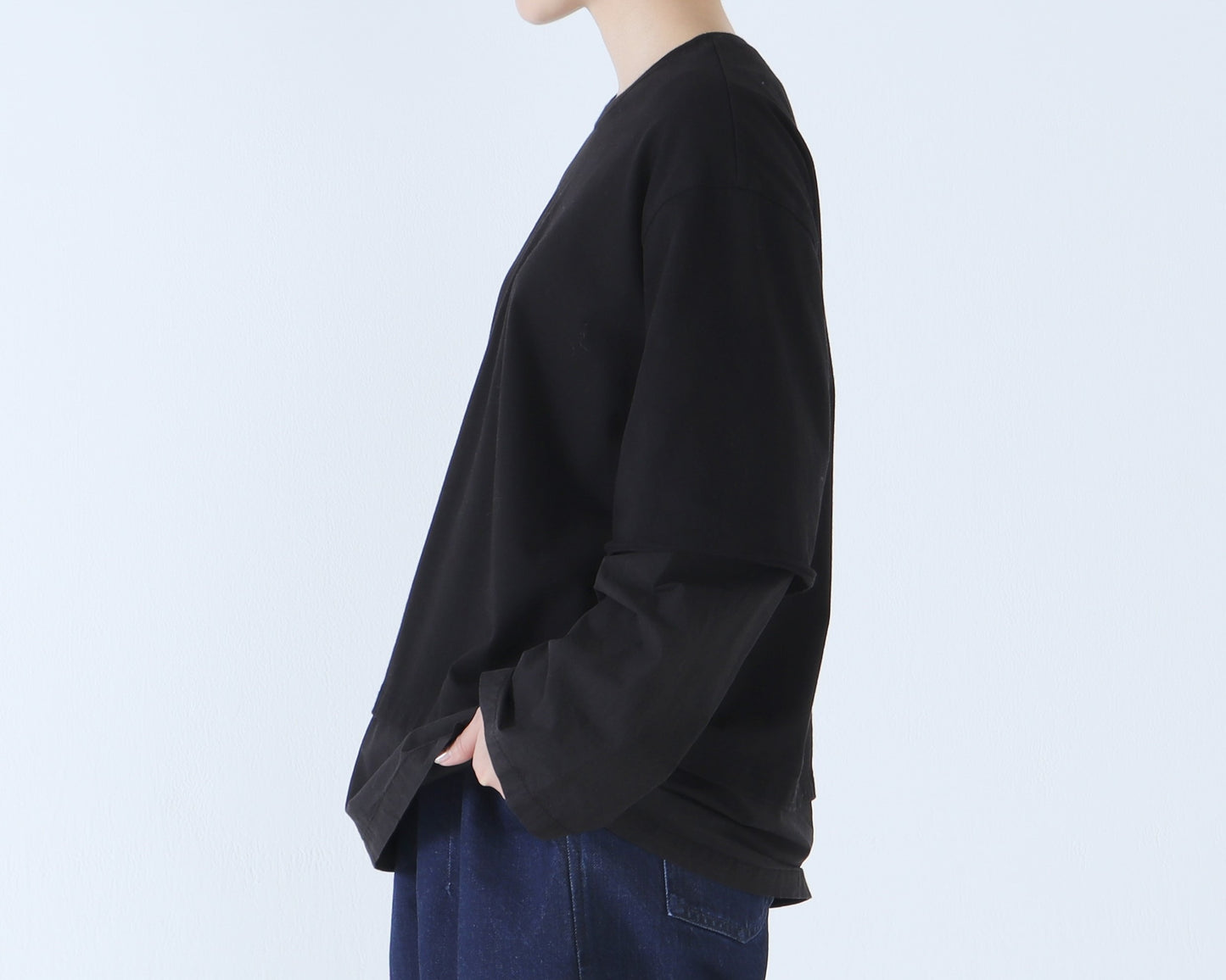 綿カットソー×綿近江晒  レイヤードトレーナー