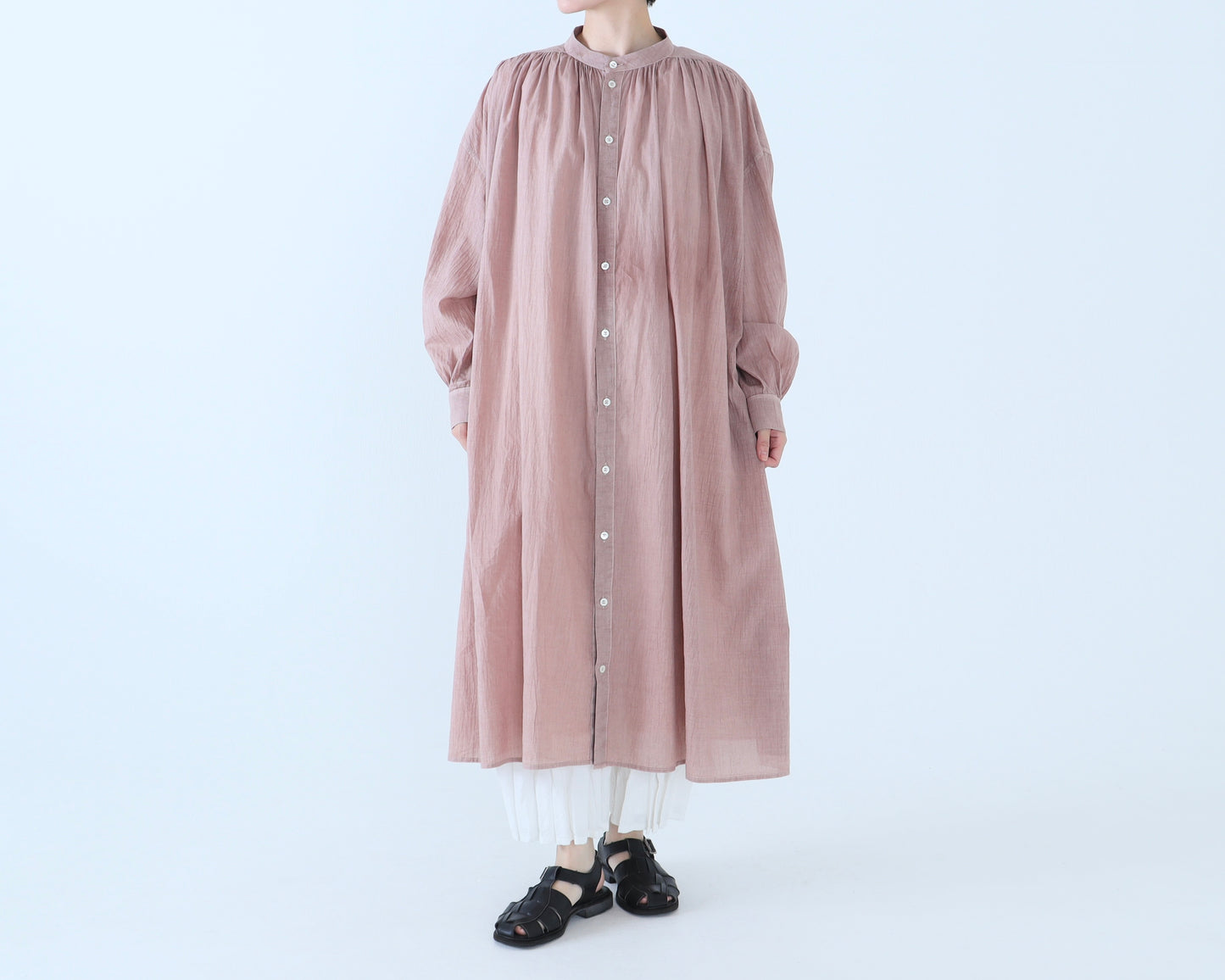 綿ローン ギャザーシャツワンピース