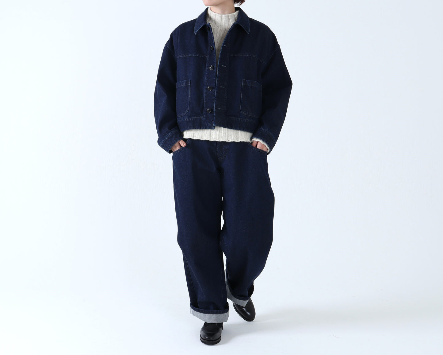 綿デニム(インディゴ) ロールアップパンツ